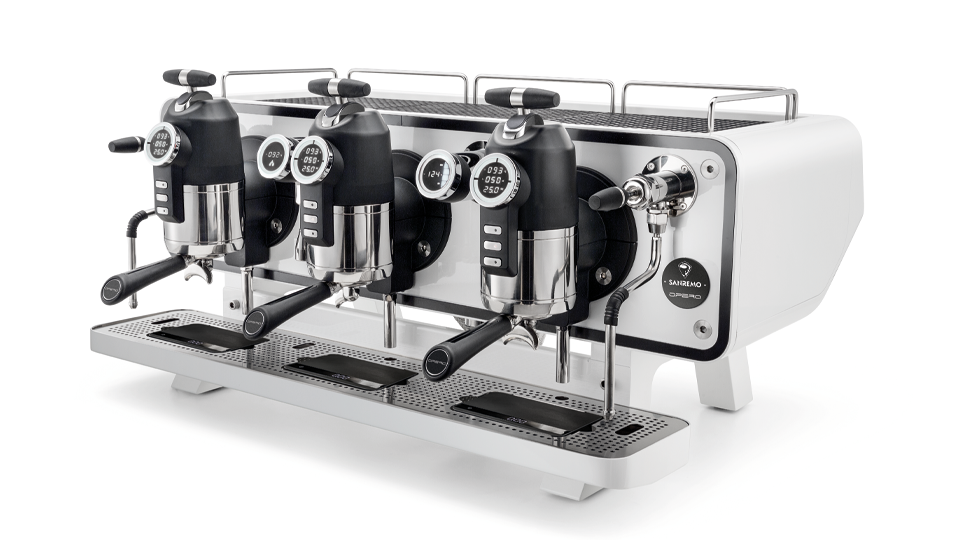 Sanremo Opera 2.0 espresso machine 3 groups in white and black, 3/4 view with white background