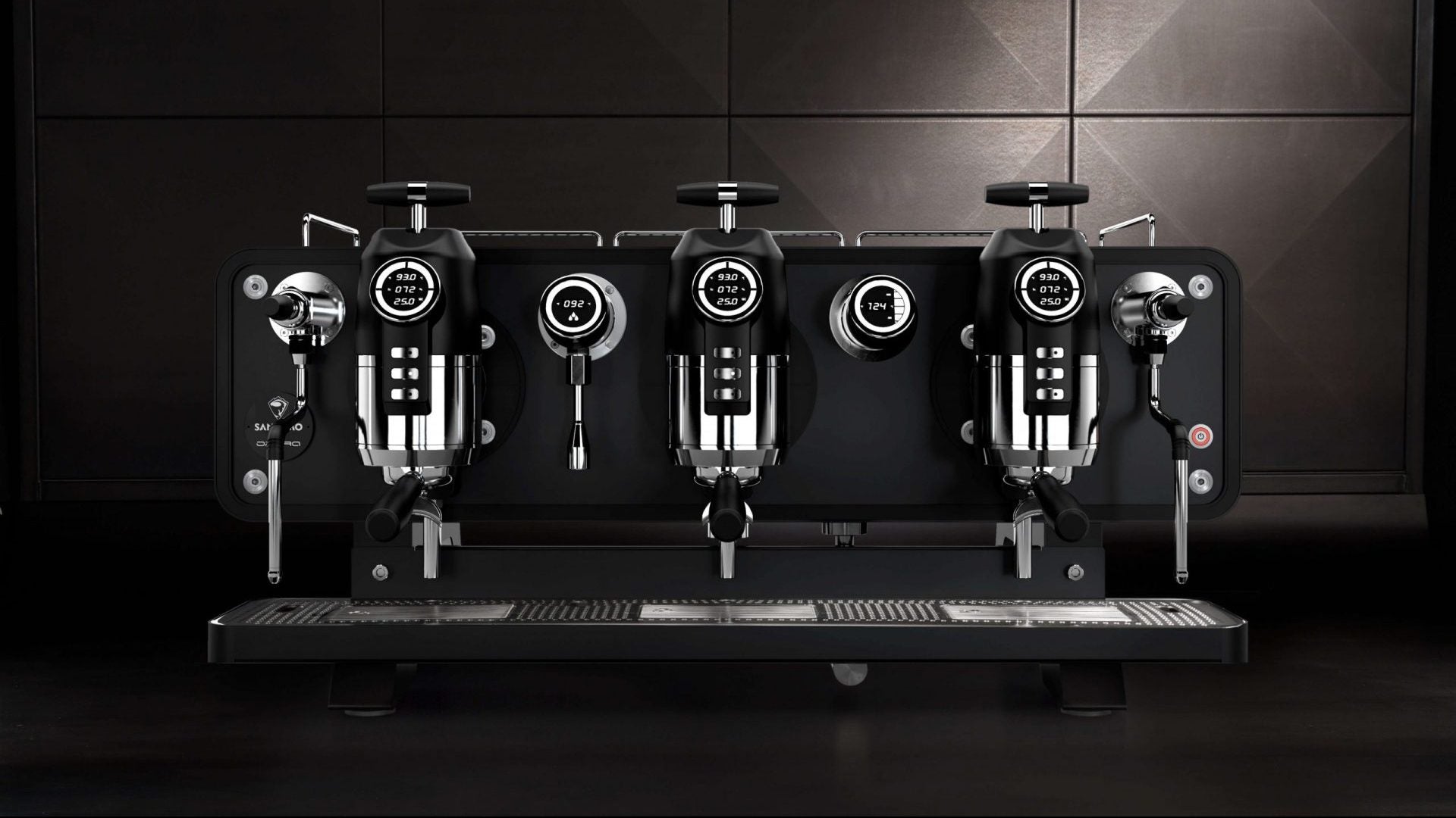 Sanremo Opera 2.0 3 groups professional espresso machine in black, front view