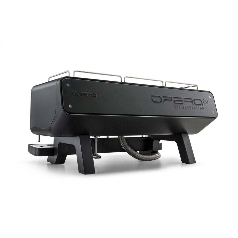 Sanremo Opera 2.0 espresso machine in black, rear 3/4 view with white background