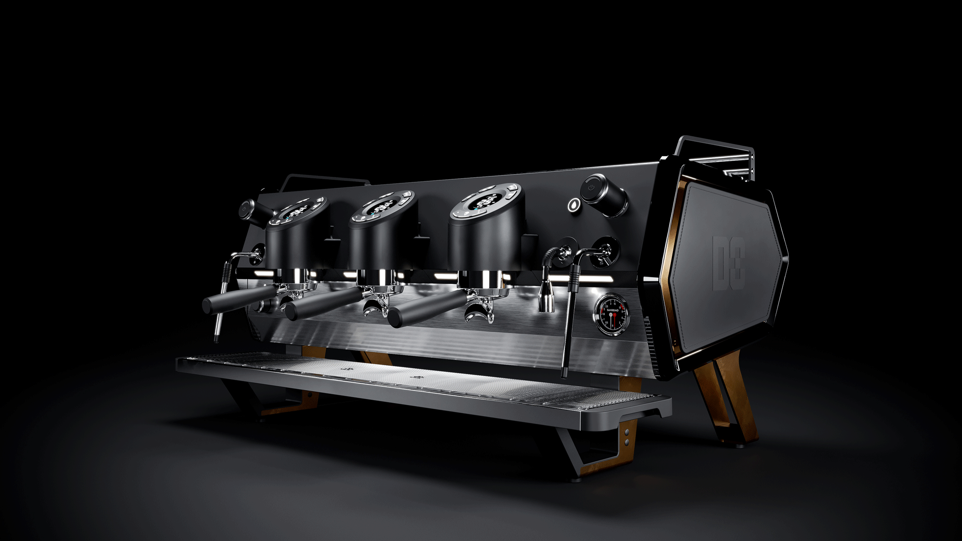 Sanremo D8 3 Group Pro custom model in copper and black, dark studio background