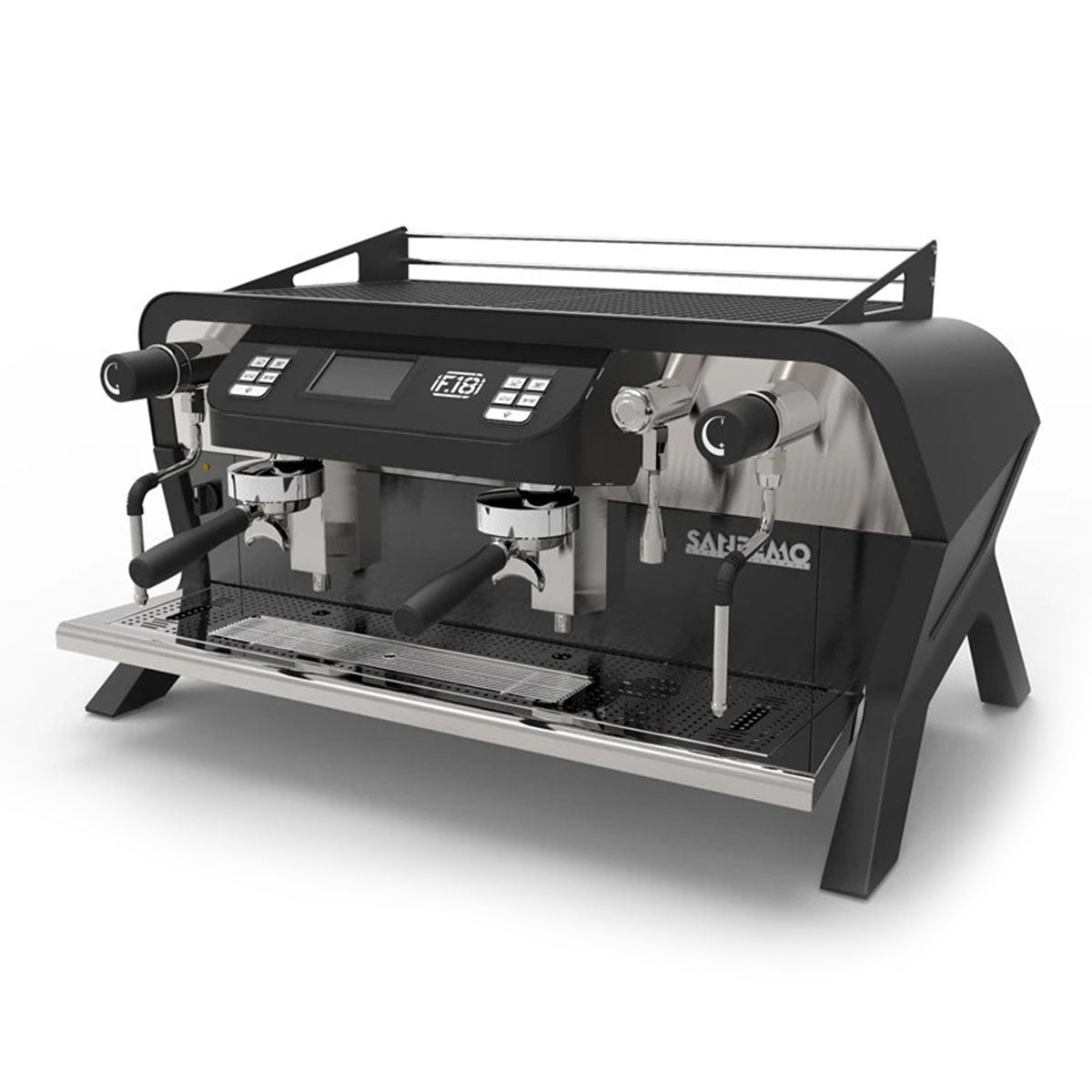 Sanremo F18 2 Group commercial espresso machine in black, angled 3/4 view