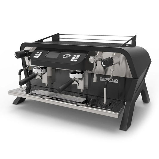 Sanremo F18 2 Group commercial espresso machine in black, angled 3/4 view