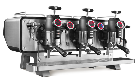 Sanremo Opera 3 Group commercial espresso machine in stainless steel, 3/4 front view