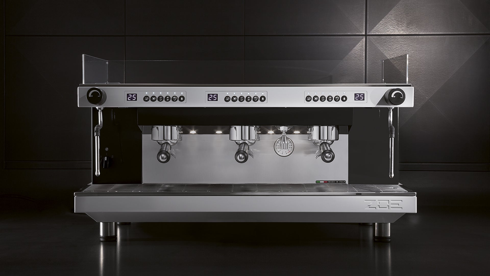 Sanremo Zoe Espresso Machine 3 groups in white full width with leds turned on