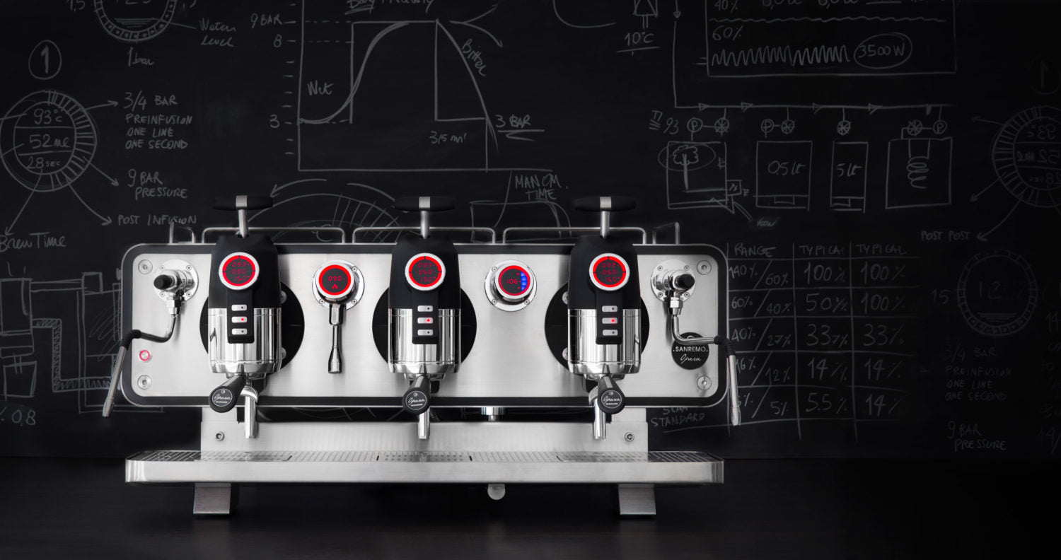 Sanremo Opera 3 Group commercial espresso machine in stainless steel,  front view black background